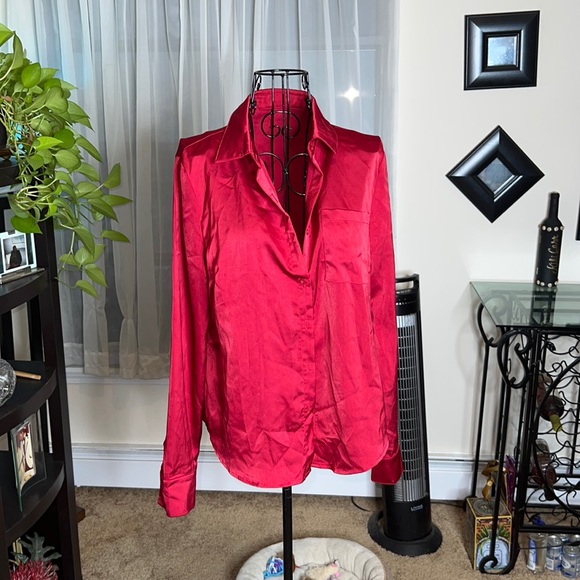 Satin cranberry button down. - Picture 1 of 2